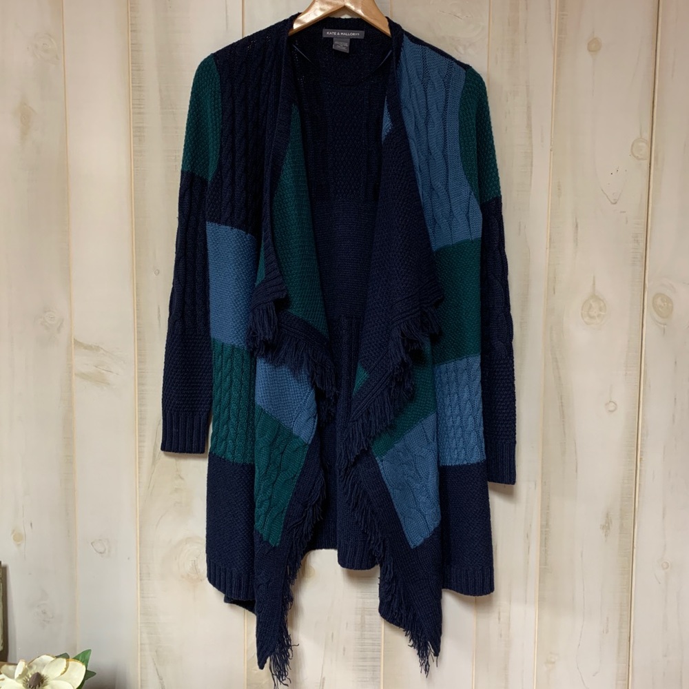Kate & Mallory Green Blue Wrap Sweater XS Fringe